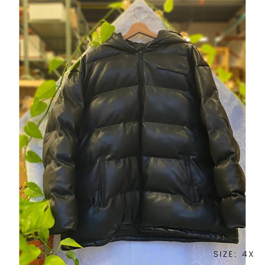 faux leather hooded puffer parka - 4x