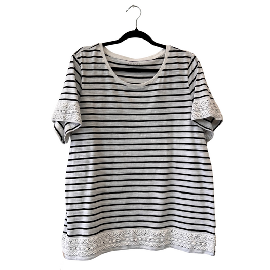 white and navy striped lace-trim t-shirt - XL