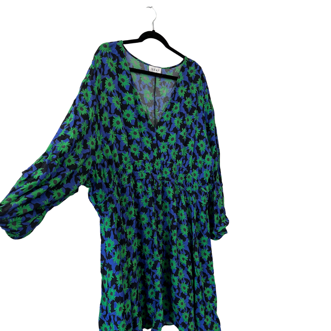 blue & green floral print dress with long sleeves - 3X