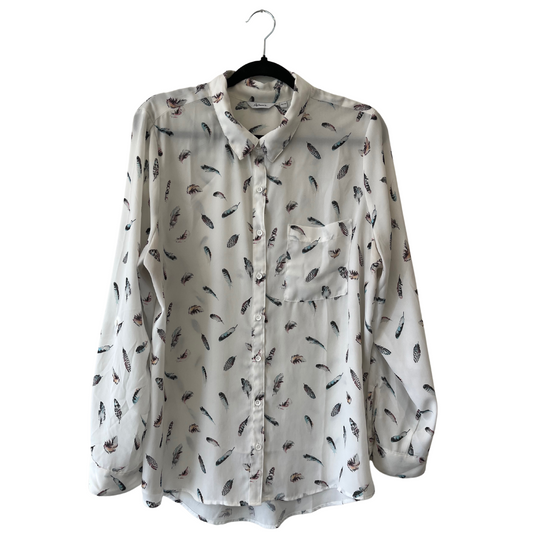white feather-print button-up long sleeve - XXL
