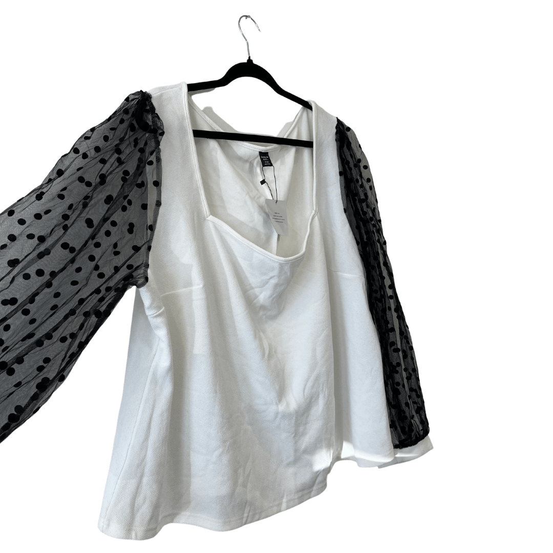 white blouse w/ sheer polk-a-dot long sleeves - 4x
