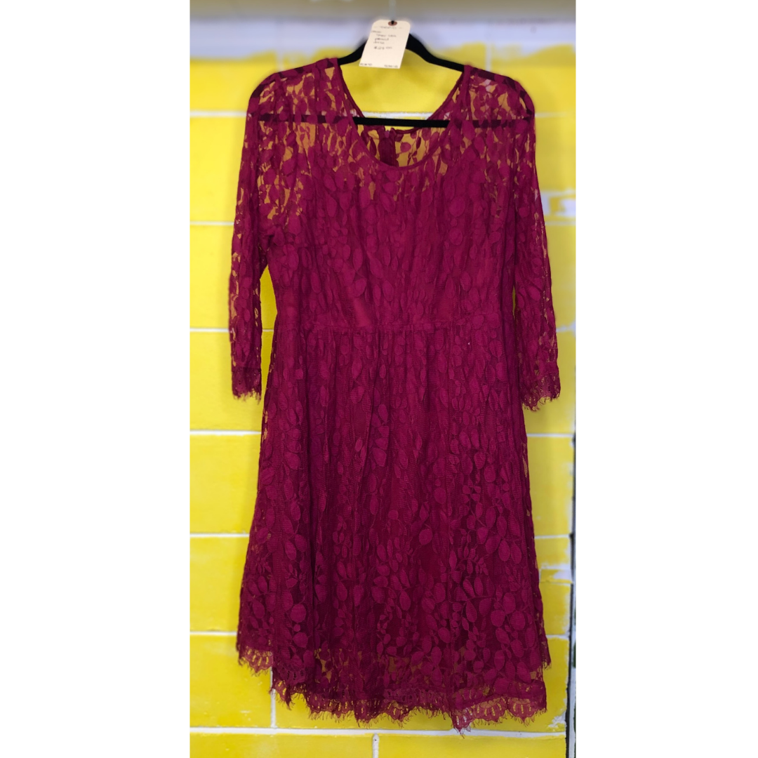 lace v-hem skater dress in burgundy - 18