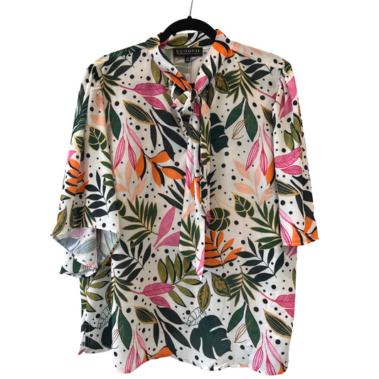 floral blouse with tie-neck and flutter sleeve - US 16