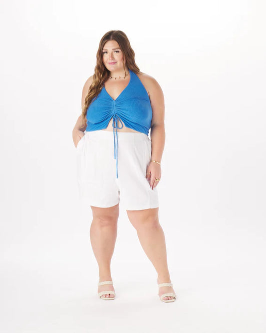 stretchy blue, ruched, cropped, halter top - 5x