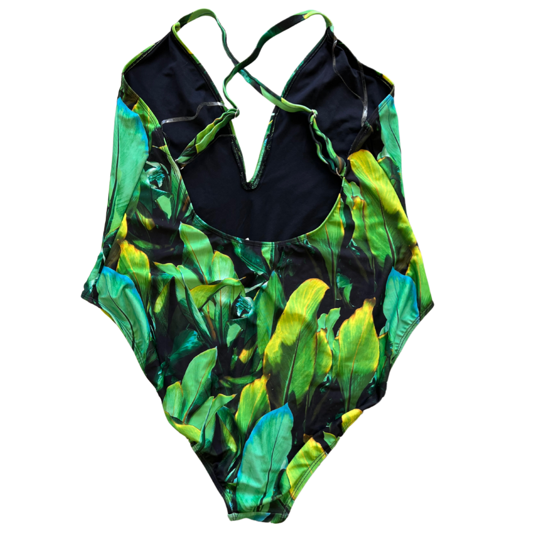 banana leaf deep v strappy back swim suit - 3x